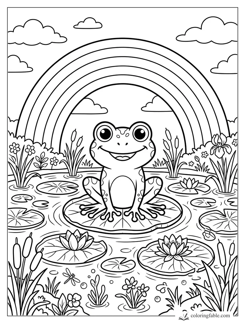Cartoon frog on a lily pad in a pond with cattails, water lilies, clouds, and a large rainbow