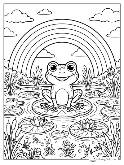 Cartoon frog on a lily pad in a pond with cattails, water lilies, clouds, and a large rainbow