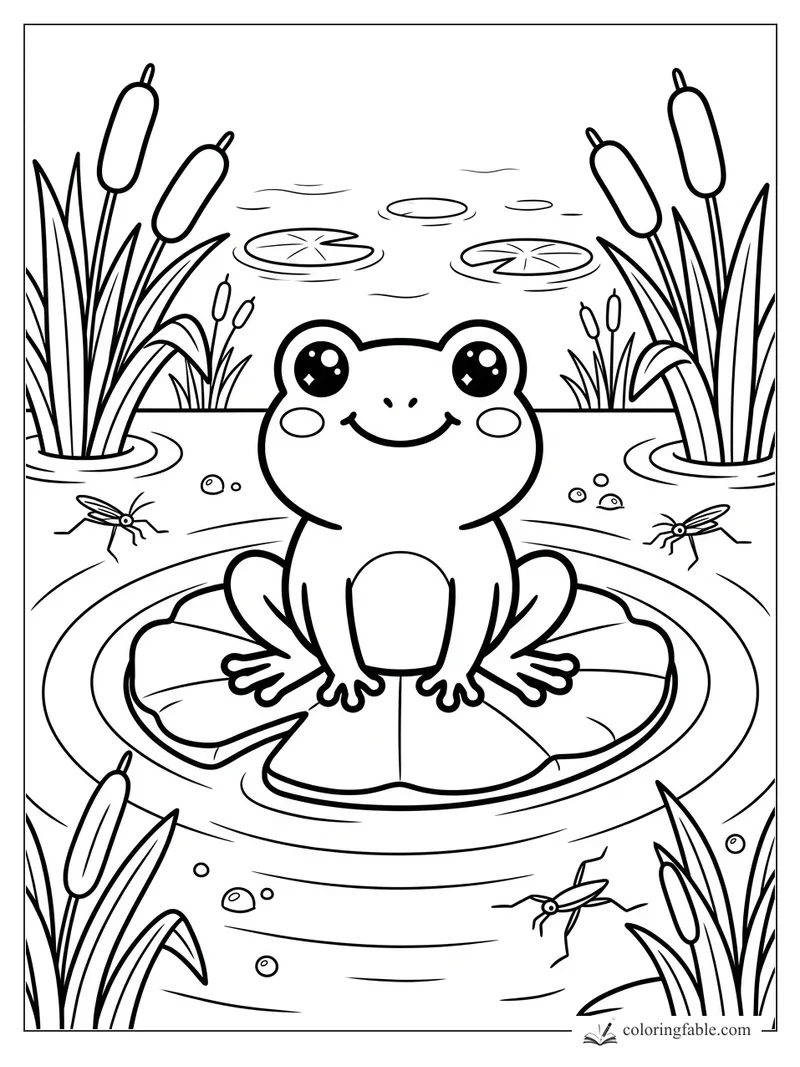 Kawaii frog smiling on a lily pad in a pond with cattails, water lilies, bubbles, and water bugs.