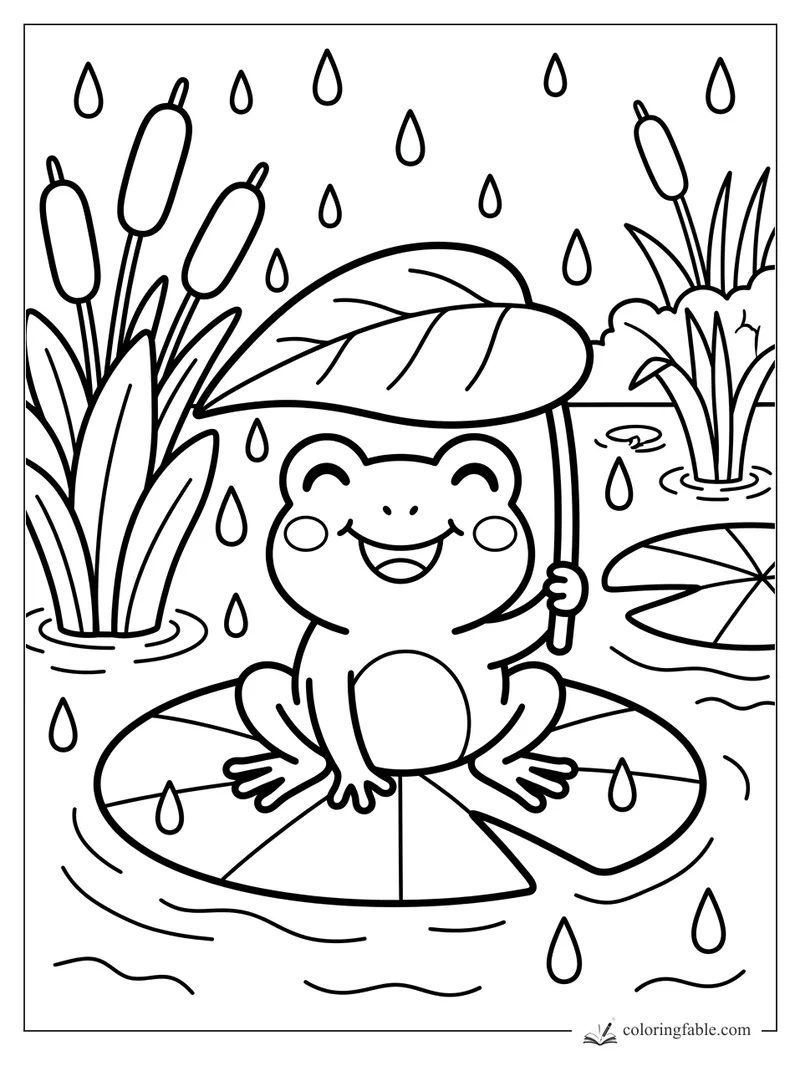 Kawaii frog on a lily pad holding a leaf umbrella in rain with cattails and pond ripples