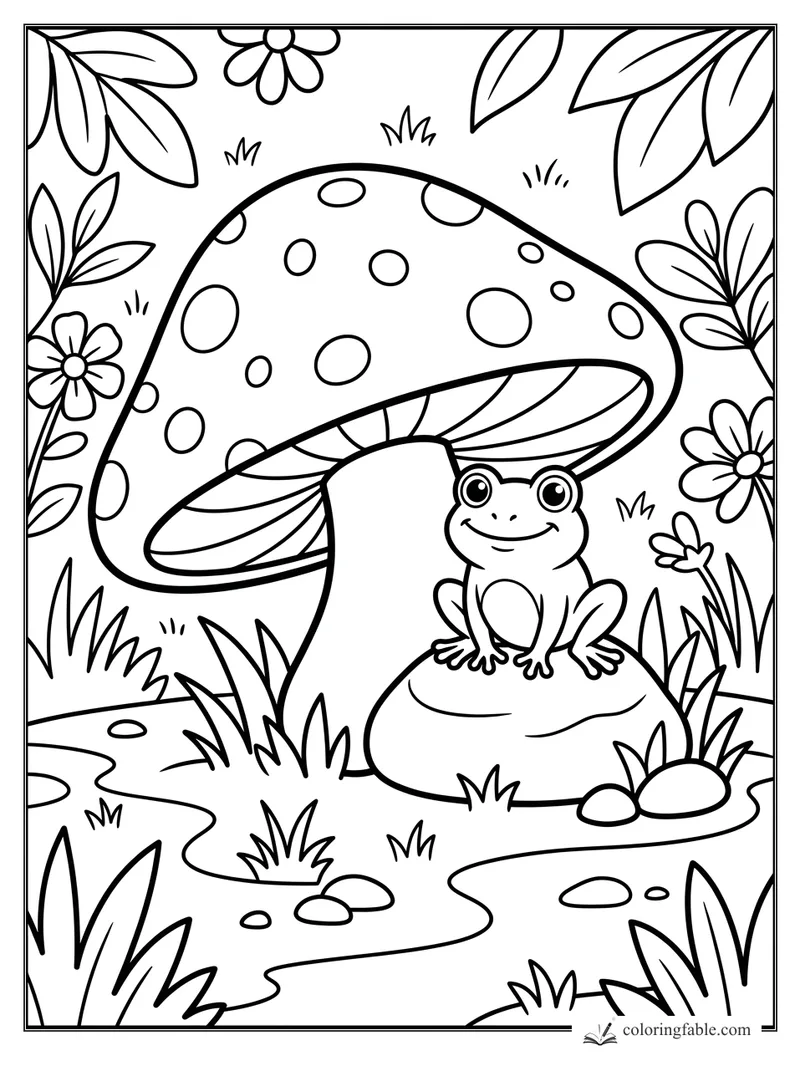Cartoon frog on a rock beneath a large spotted mushroom, with flowers, leaves, grass, and a winding stream.