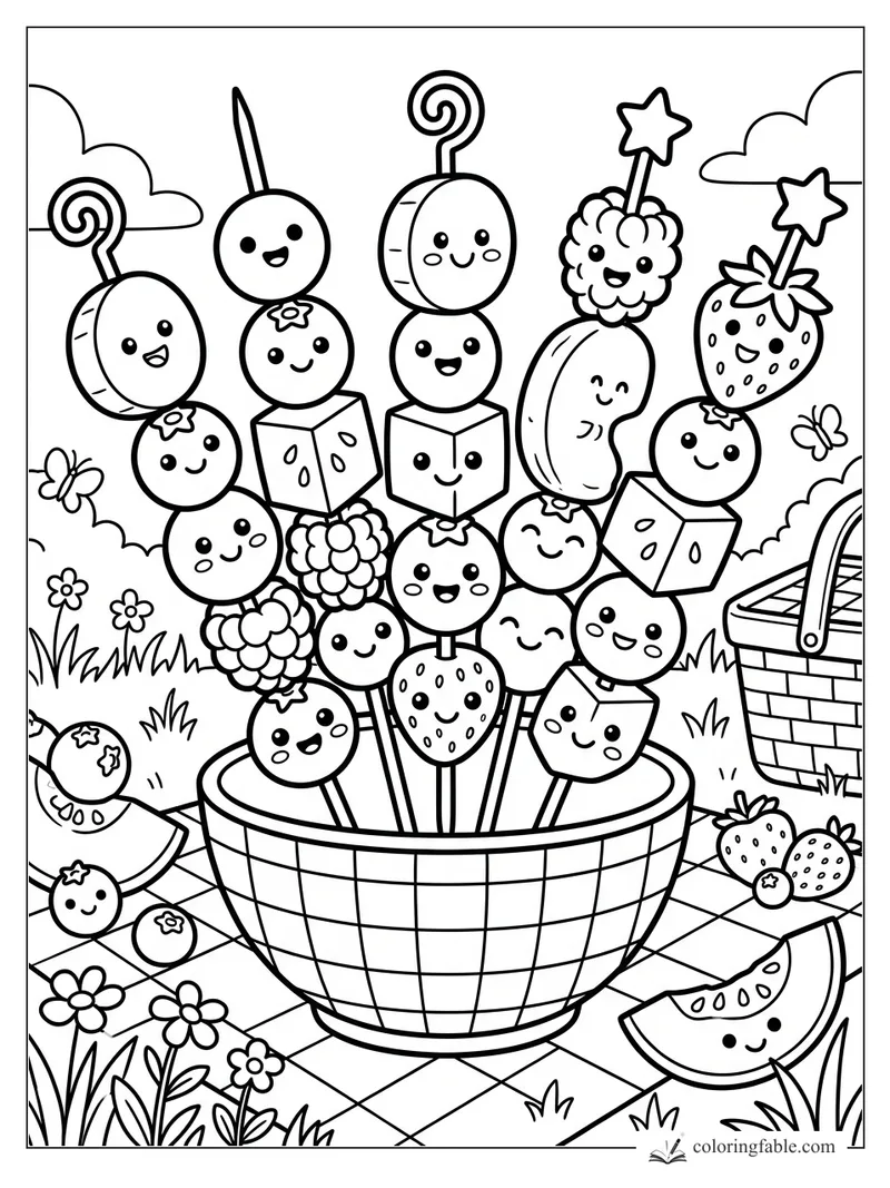 Cartoon fruit skewers with smiling berries, melon cubes, stars, basket, butterflies, and picnic flowers.