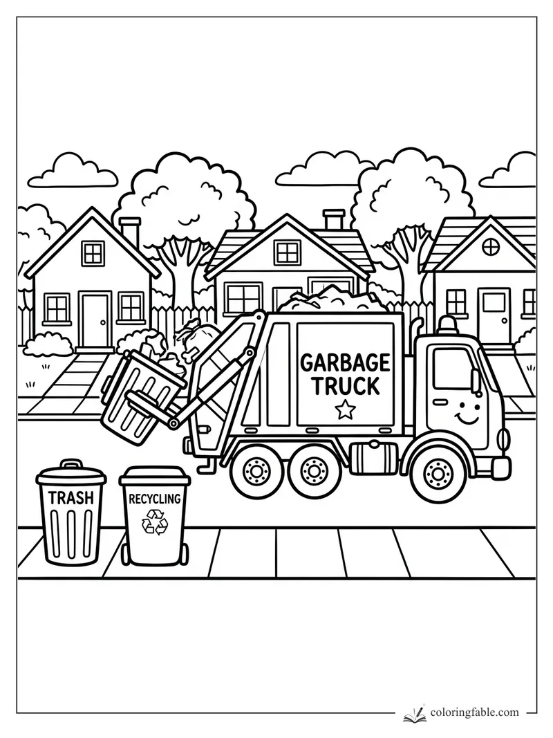 Smiling garbage truck lifting a bin on a neighborhood street with trash and recycling cans.