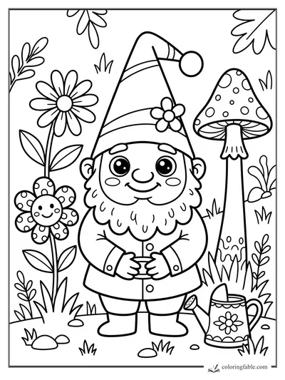 Kawaii garden gnome holding a tiny pot beside flowers, a spotted mushroom, and a watering can.