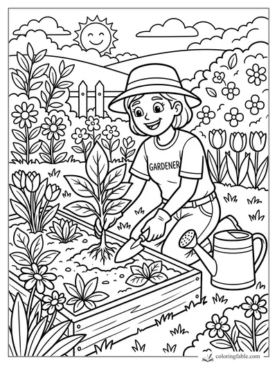 Smiling gardener in a sun hat plants a seedling with a trowel beside tulips, daisies, and a watering can.
