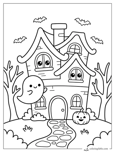 Kawaii haunted house with a smiling ghost, jack-o'-lantern, bats, bare trees, and a stone path