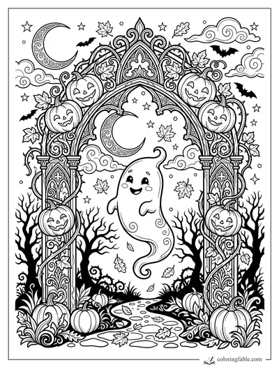 Intricate gothic fall coloring page with a smiling ghost, jack-o'-lantern arch, bats, crescent moons, and leaves