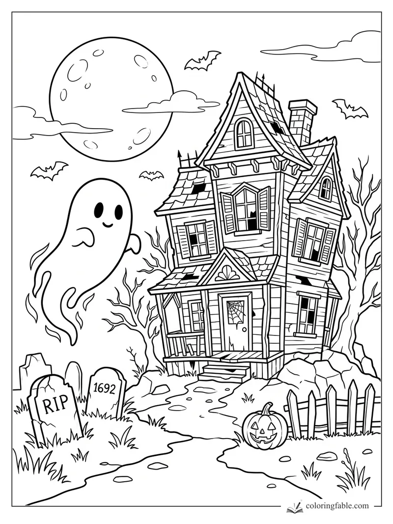 Smiling ghost floating near a crooked haunted house, full moon, bats, graves, pumpkin, and bare trees