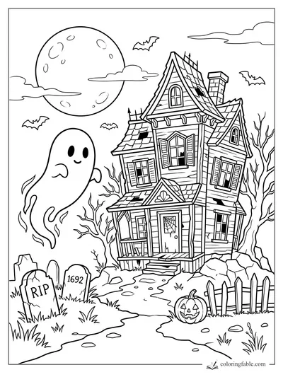 Smiling ghost floating near a crooked haunted house, full moon, bats, graves, pumpkin, and bare trees