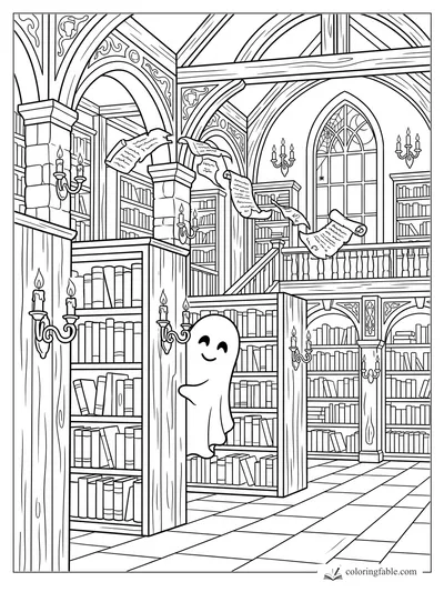 Smiling ghost floating between tall bookcases in a candlelit Gothic library with flying scrolls