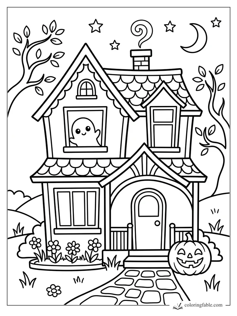 Easy haunted house coloring page with a smiling ghost, pumpkin, moon, stars, trees, and stone path.