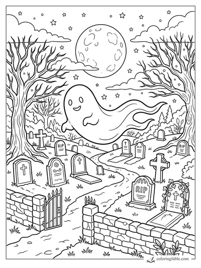 Smiling ghost floating over a cemetery with bare trees, tombstones, clouds, stars, and a full moon.
