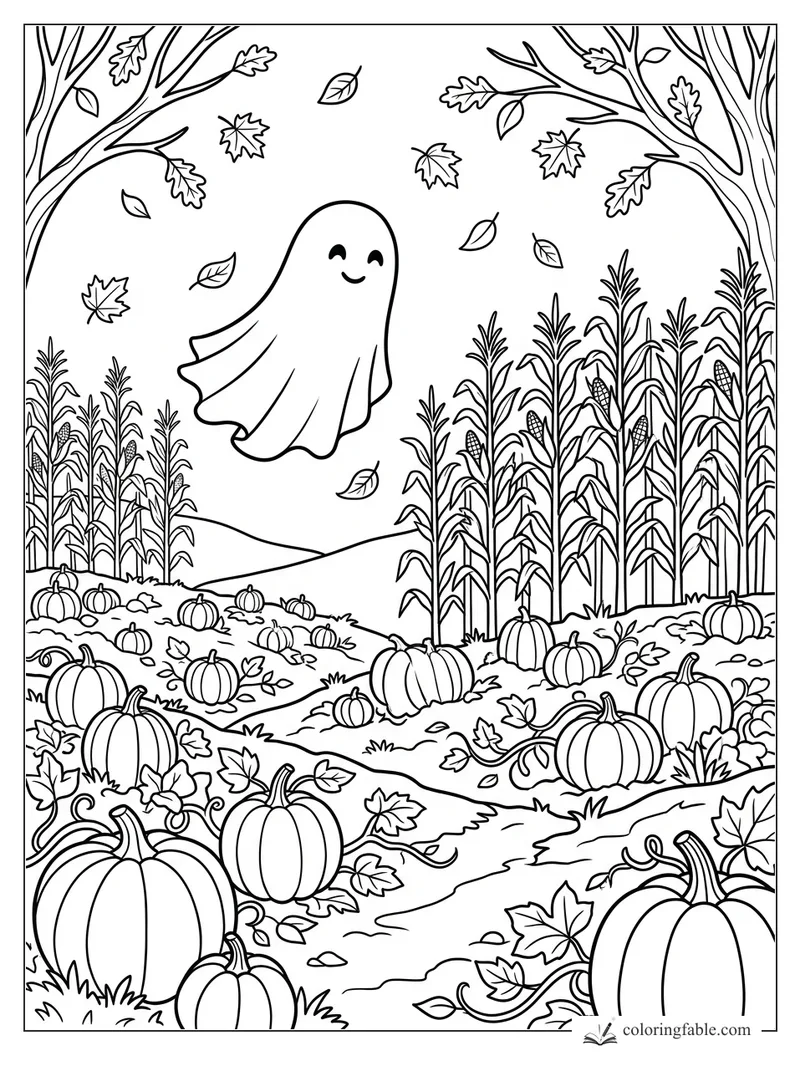 Smiling ghost floating above pumpkins, corn stalks, bare trees, and falling autumn leaves