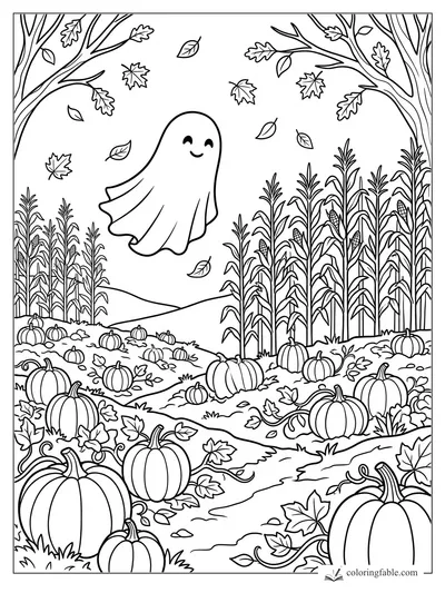 Smiling ghost floating above pumpkins, corn stalks, bare trees, and falling autumn leaves