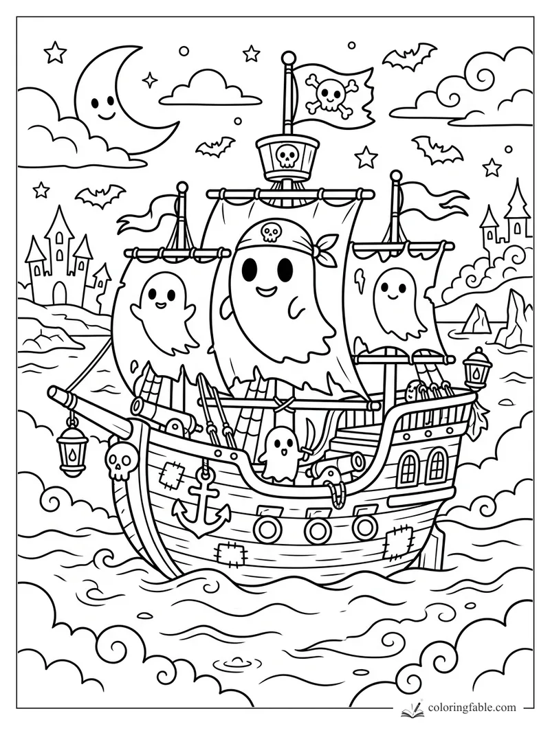 Cartoon ghost pirate ship with skull sails, bats, castles, waves, stars, and a smiling crescent moon