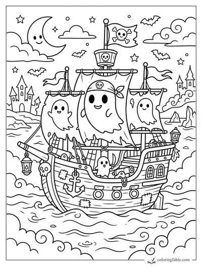 Cartoon ghost pirate ship with skull sails, bats, castles, waves, stars, and a smiling crescent moon