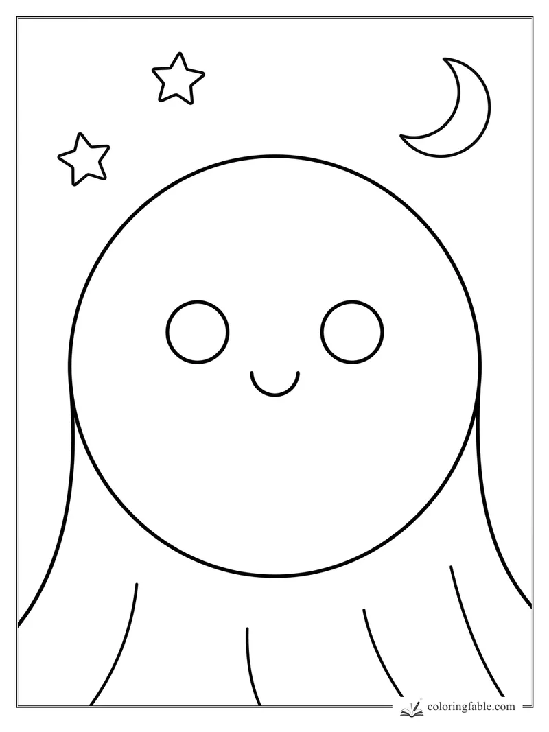 Minimalist smiling ghost with round eyes, two stars, and a crescent moon coloring page