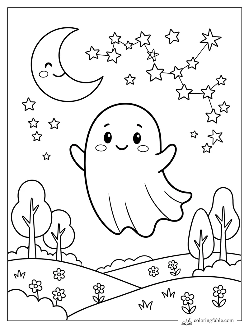 Cute ghost floating over flowered hills beneath a smiling crescent moon and star constellations