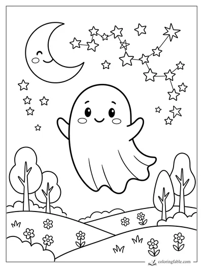 Cute ghost floating over flowered hills beneath a smiling crescent moon and star constellations
