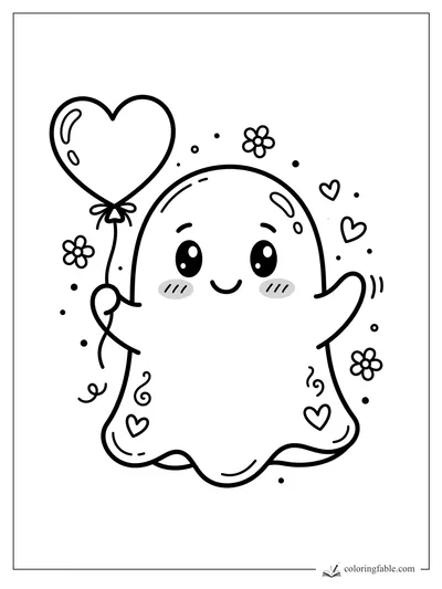 Cute ghost sticker holding a heart balloon, waving, with flowers, hearts, dots, and rosy cheeks.