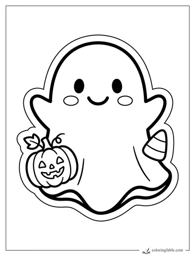 Cute sticker-style ghost holding a jack-o’-lantern pumpkin and candy corn