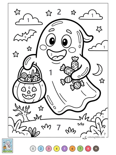 Smiling Ghost With Pumpkin Candy Pail — color by number