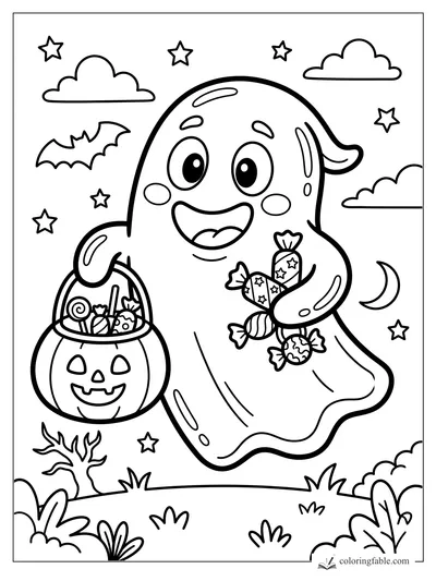 Cute smiling ghost holding wrapped candy and a pumpkin trick-or-treat pail under stars