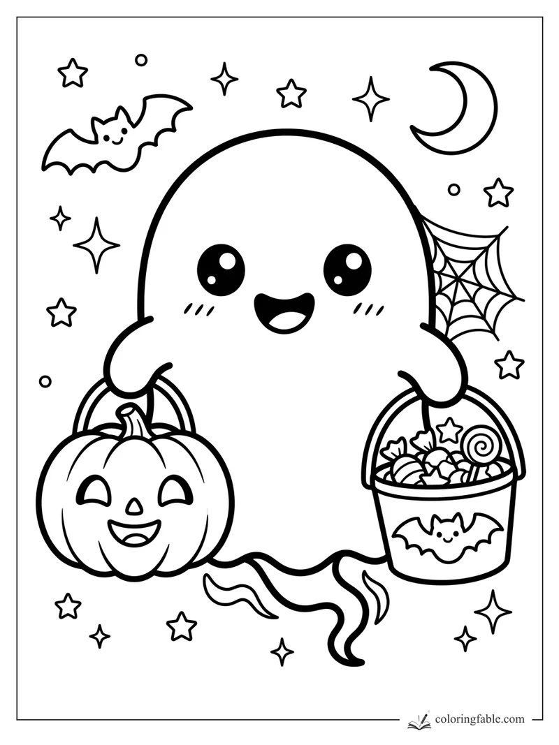 Kawaii ghost holding a jack-o'-lantern pail and candy bucket under bats, stars, moon, and spiderweb.
