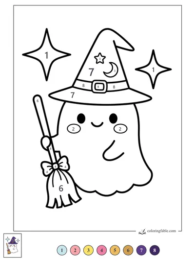 Smiling Ghost with Witch Hat and Broom — color by number