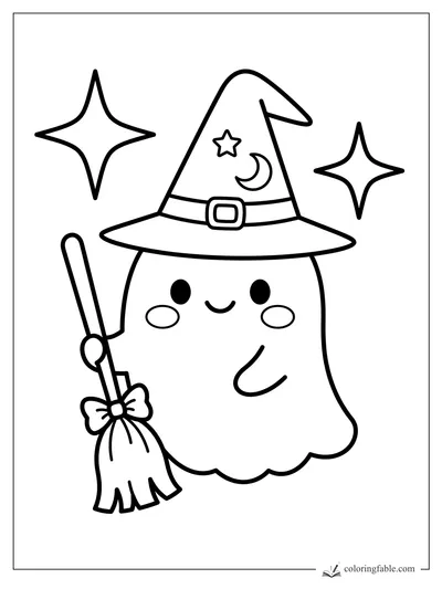 Kawaii ghost wearing a witch hat, holding a broom, with two sparkling stars nearby