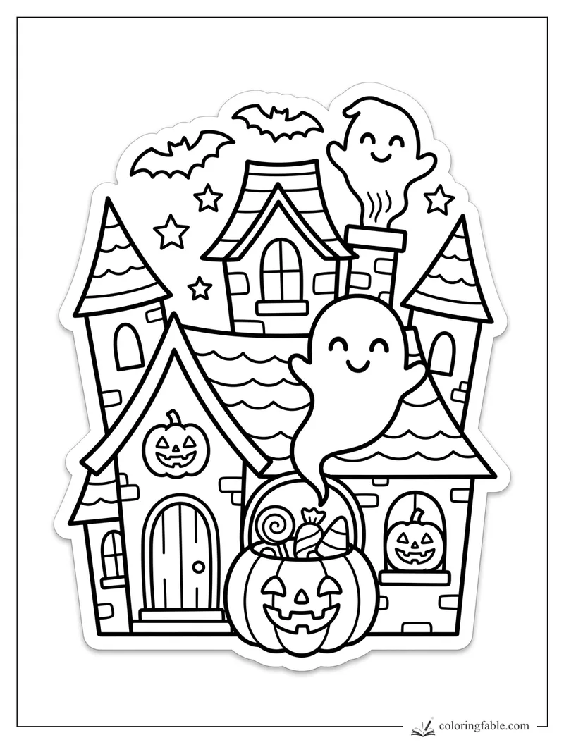 Easy haunted house coloring page with smiling ghosts, bats, stars, pumpkins, and candy bucket