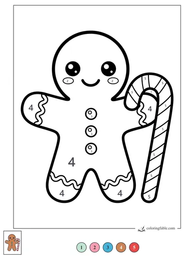 Smiling Gingerbread Cookie with Candy Cane — color by number