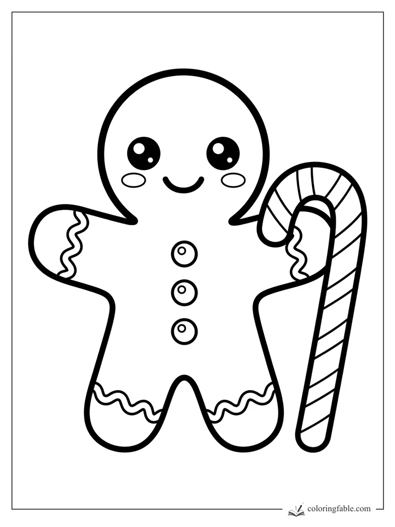 Kawaii gingerbread cookie with icing cuffs, three buttons, and a striped candy cane