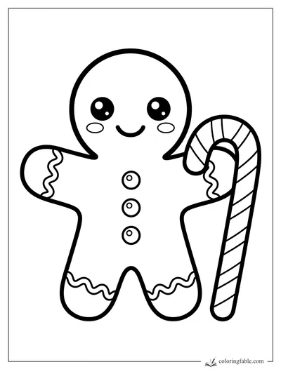 Kawaii gingerbread cookie with icing cuffs, three buttons, and a striped candy cane