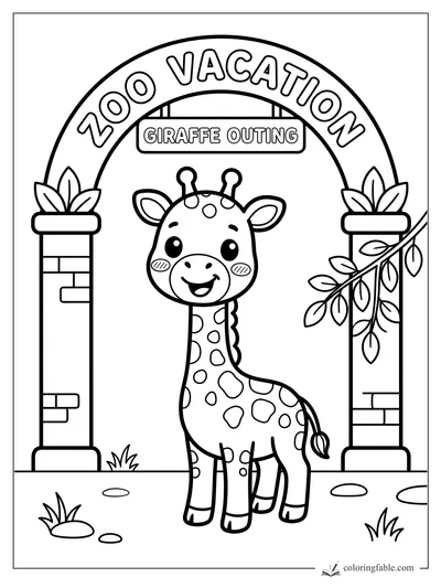 Kawaii giraffe smiling under a Zoo Vacation arch with Giraffe Outing sign, leaves, brick posts, and path stones.