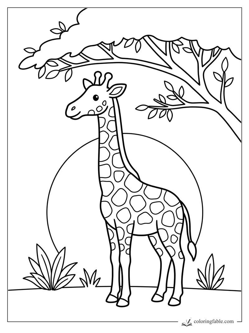 Cartoon giraffe smiling under a leafy tree branch with grass tufts and a round sun behind it.