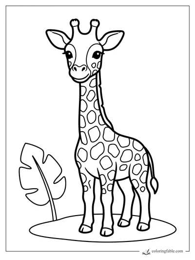 Cute smiling giraffe with spots standing beside a large tropical leaf coloring page