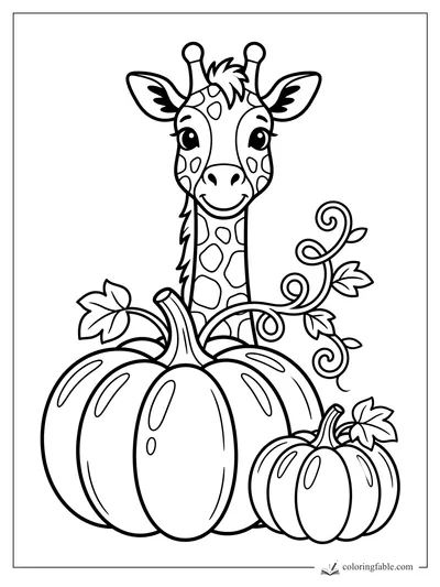 Cartoon giraffe peeking over big pumpkins with curling vines and fall leaves