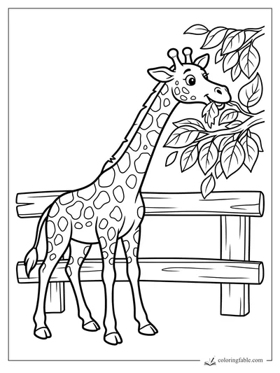 Cartoon giraffe eating leafy branches beside a wooden fence, with big spots and a friendly smile.