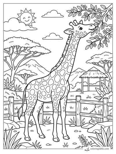 Cute giraffe nibbling flowering tree branches in a sunny savanna scene with fence, hut, clouds, and hills.
