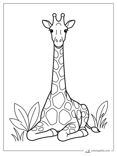 Minimalist giraffe coloring page with a smiling seated giraffe, leafy plants, spots, ossicones, and big ears.