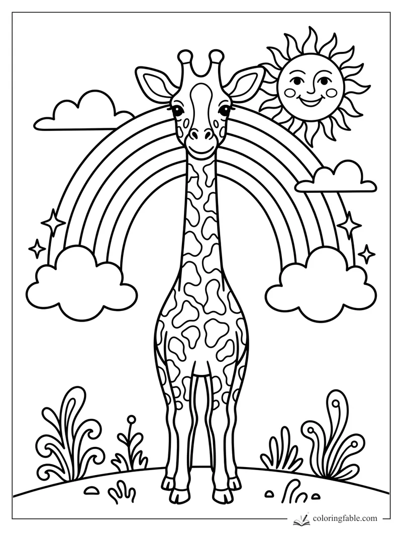 Boho groovy giraffe smiling beneath a rainbow, sun, clouds, sparkles, and curly plants coloring page