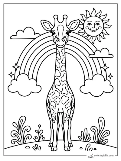 Boho groovy giraffe smiling beneath a rainbow, sun, clouds, sparkles, and curly plants coloring page