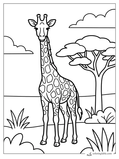 Bold easy giraffe coloring page with spots, clouds, grass, and acacia trees