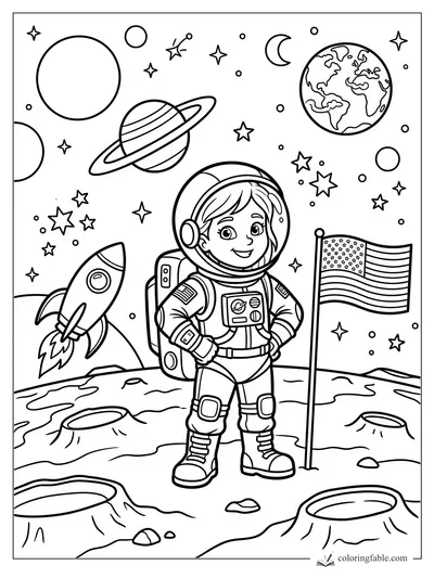 Cartoon girl astronaut on the moon with rocket, U.S. flag, Earth, Saturn, stars, and craters