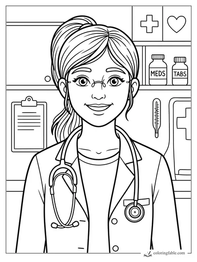 Smiling girl doctor with glasses, stethoscope, medicine bottles, thermometer, clipboard, and first aid cabinet.