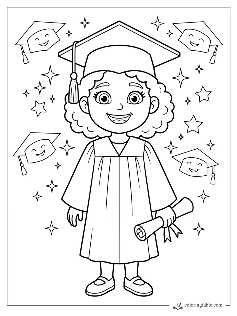 Cartoon girl graduate in cap and gown holding a diploma, surrounded by stars and smiling caps.