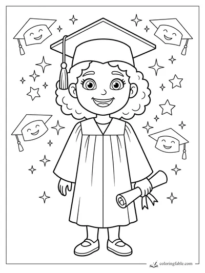 Cartoon girl graduate in cap and gown holding a diploma, surrounded by stars and smiling caps.