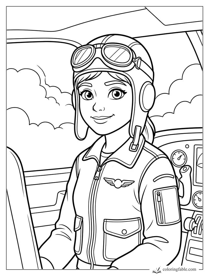 Girl pilot with goggles and flight helmet smiling inside a cockpit above the clouds