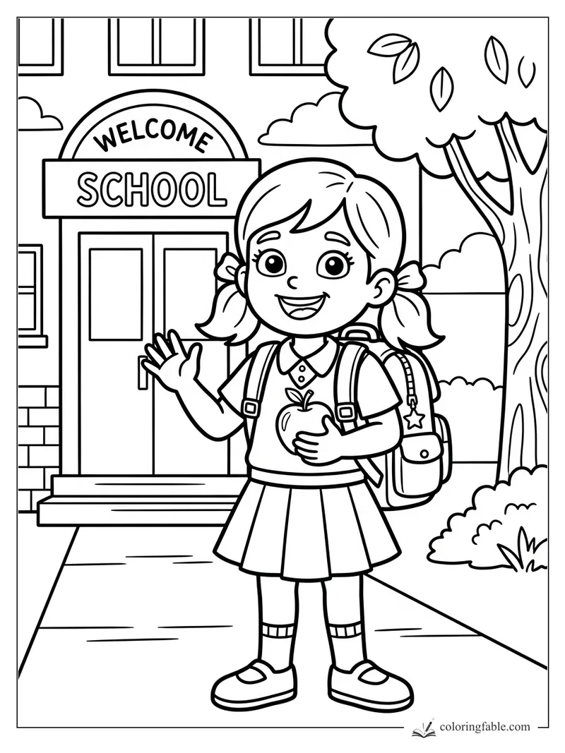 Girl with pigtails waves outside a school entrance, holding an apple and wearing a backpack.